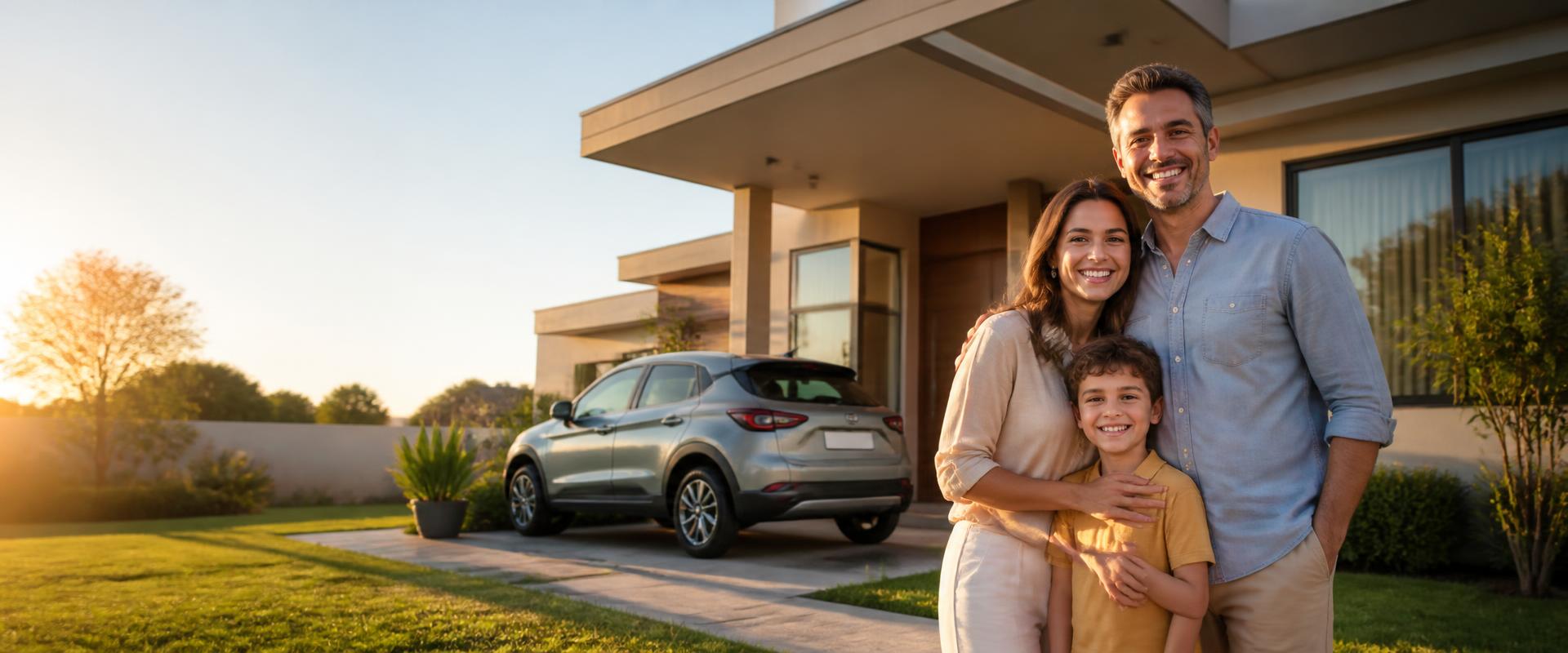 Família brasileira sorrindo em frente à casa nova, com o carro na garagem