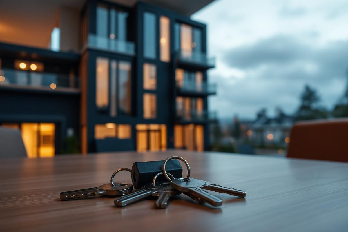Chaves de imóvel sobre a mesa com prédio residencial ao fundo