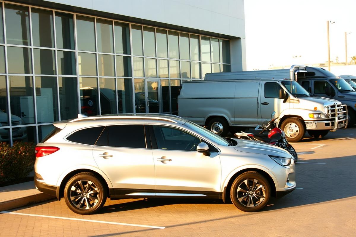 Carro, moto e caminhão estacionados em concessionária